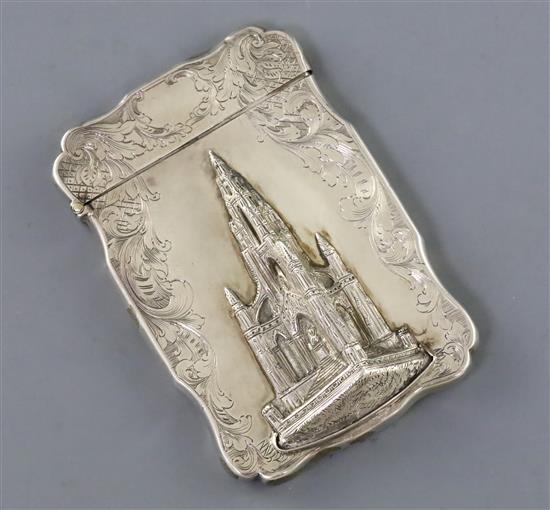 An early Victorian silver castle top card case decorated with the Scott monument, by William & Edward Turnpenny, 93mm.
